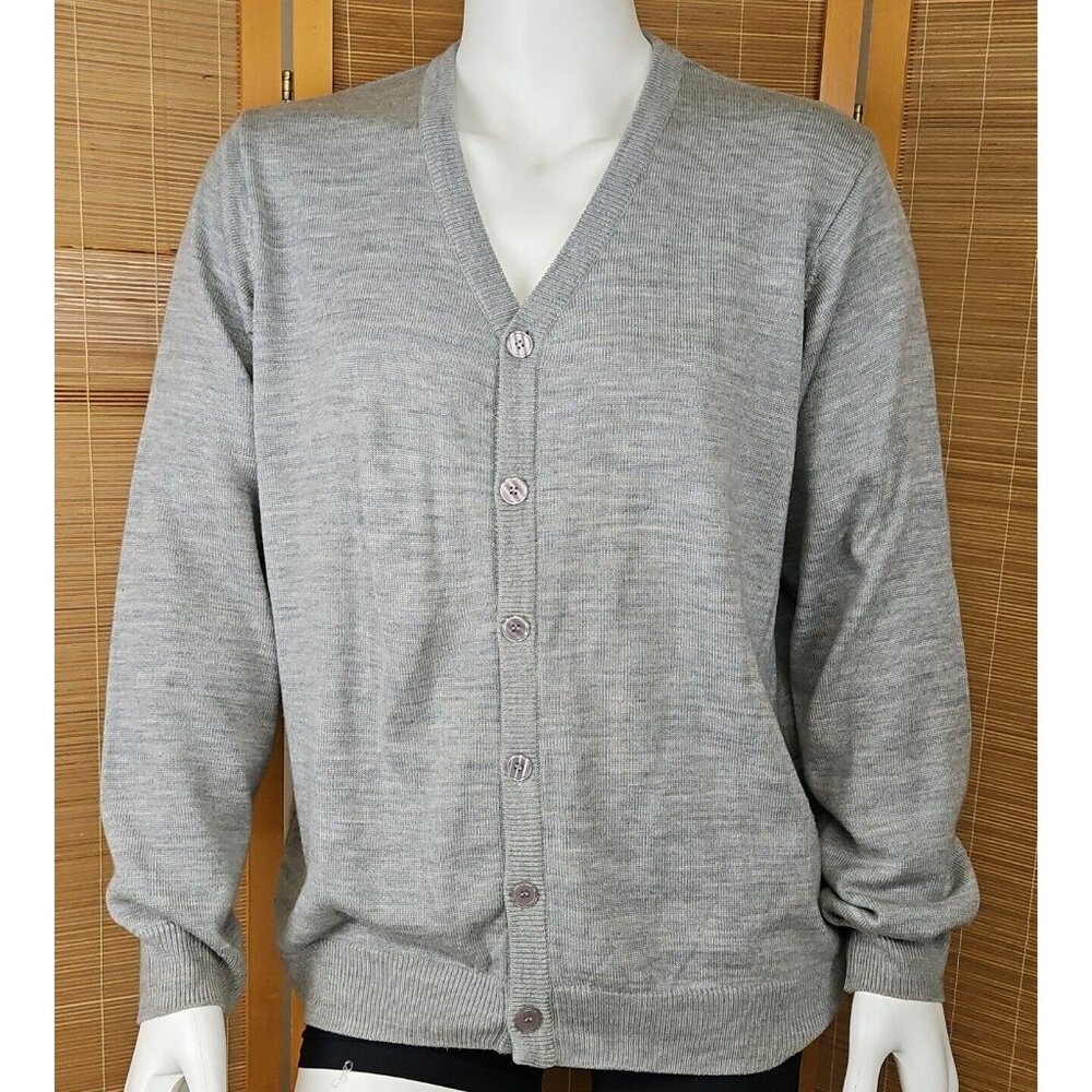 Harriton Grandpa Sweater Mens Sz L Gray Heather VNeck Cardigan Anti Pill Acrylic